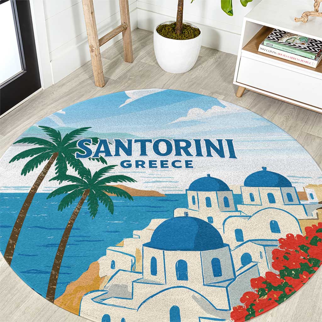Greece Santorini Round Carpet Greek Island Blue Dome Architecture Art