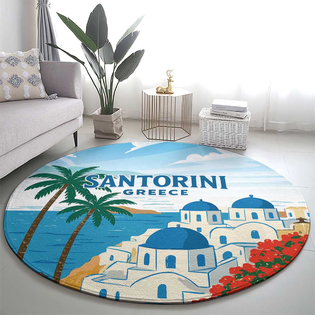Greece Santorini Round Carpet Greek Island Blue Dome Architecture Art