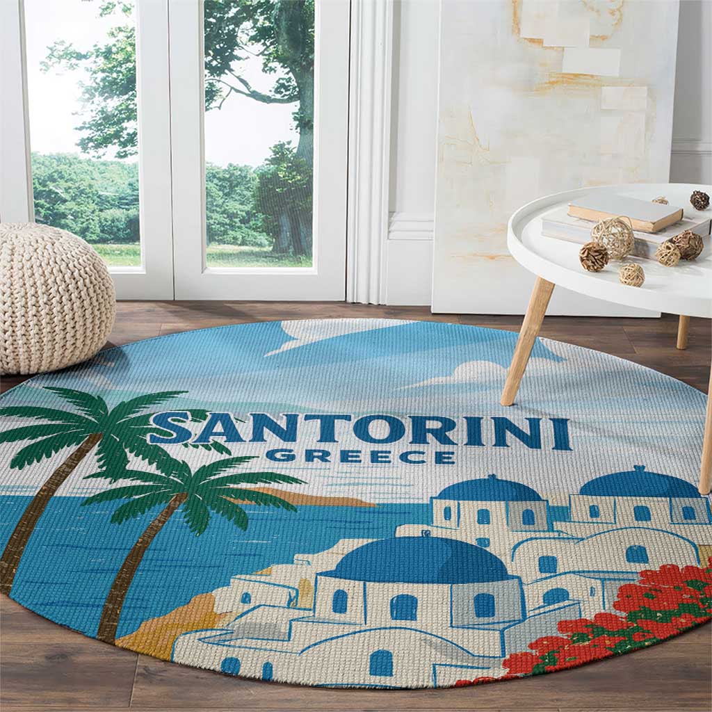 Greece Santorini Round Carpet Greek Island Blue Dome Architecture Art