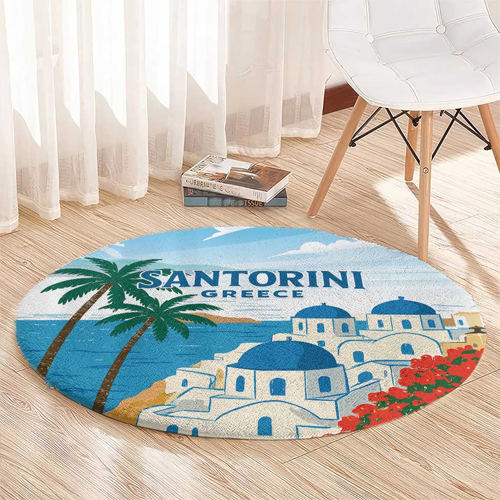 Greece Santorini Round Carpet Greek Island Blue Dome Architecture Art