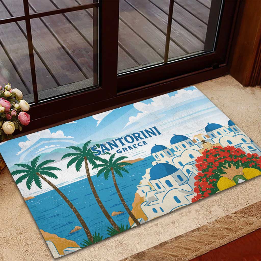 Greece Santorini Rubber Doormat Greek Island Blue Dome Architecture Art