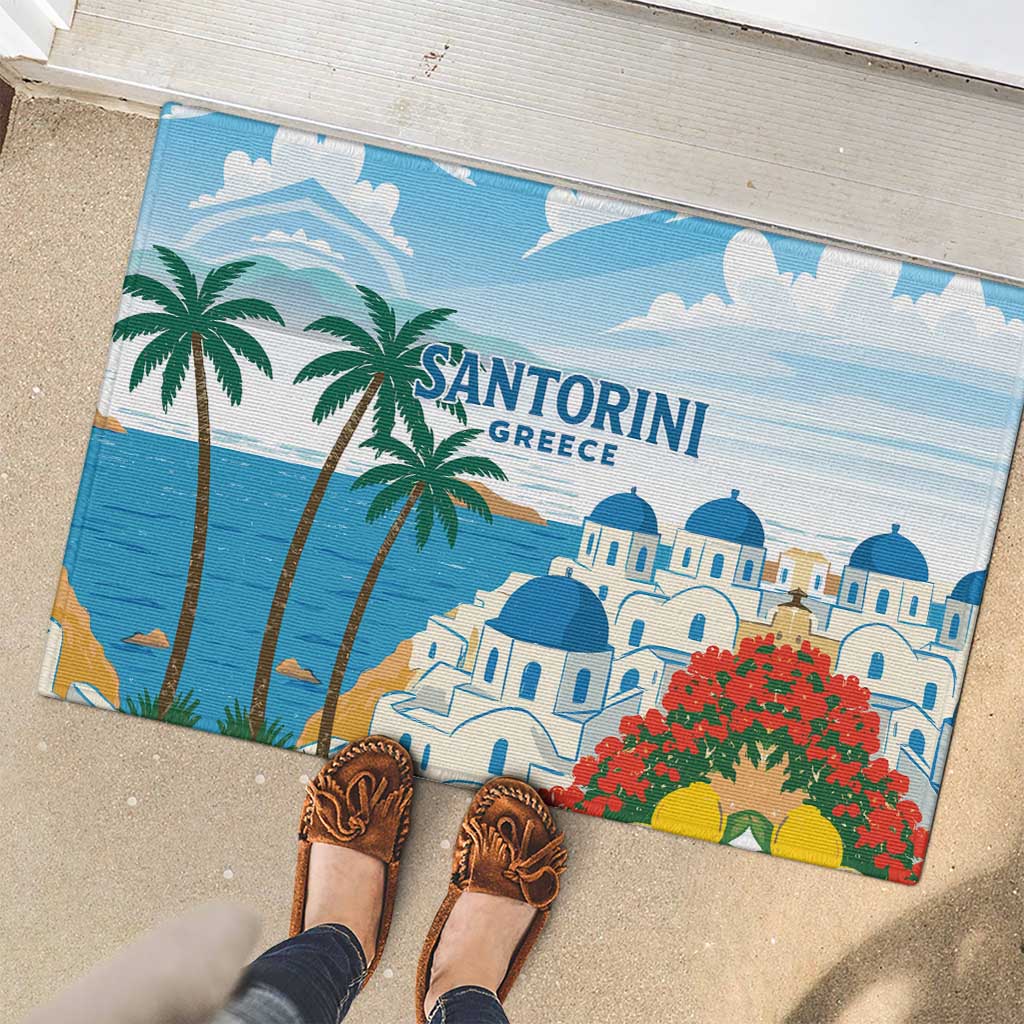 Greece Santorini Rubber Doormat Greek Island Blue Dome Architecture Art