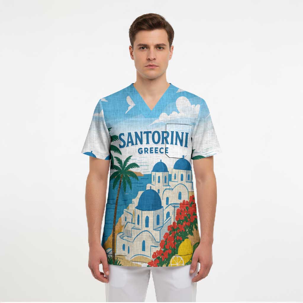 Greece Santorini Personalized Scrub Top Greek Island Blue Dome Architecture Art