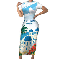 Greece Santorini Personalized Short Sleeve Bodycon Dress Greek Island Blue Dome Architecture Art
