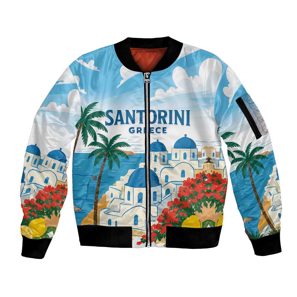 Greece Santorini Personalized Sleeve Zip Bomber Jacket Greek Island Blue Dome Architecture Art
