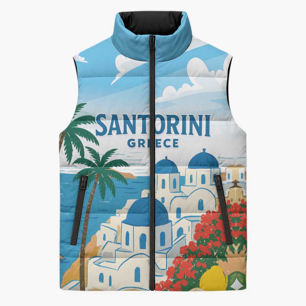 Greece Santorini Personalized Sleeveless Puffer Jacket Greek Island Blue Dome Architecture Art