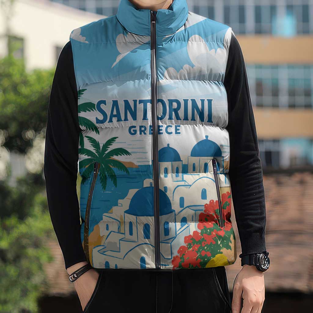 Greece Santorini Personalized Sleeveless Puffer Jacket Greek Island Blue Dome Architecture Art