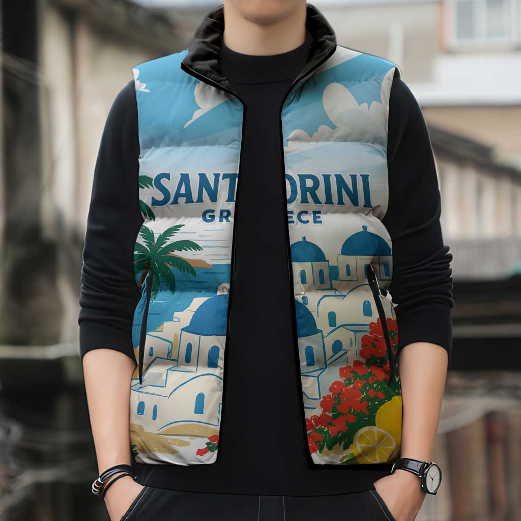 Greece Santorini Personalized Sleeveless Puffer Jacket Greek Island Blue Dome Architecture Art