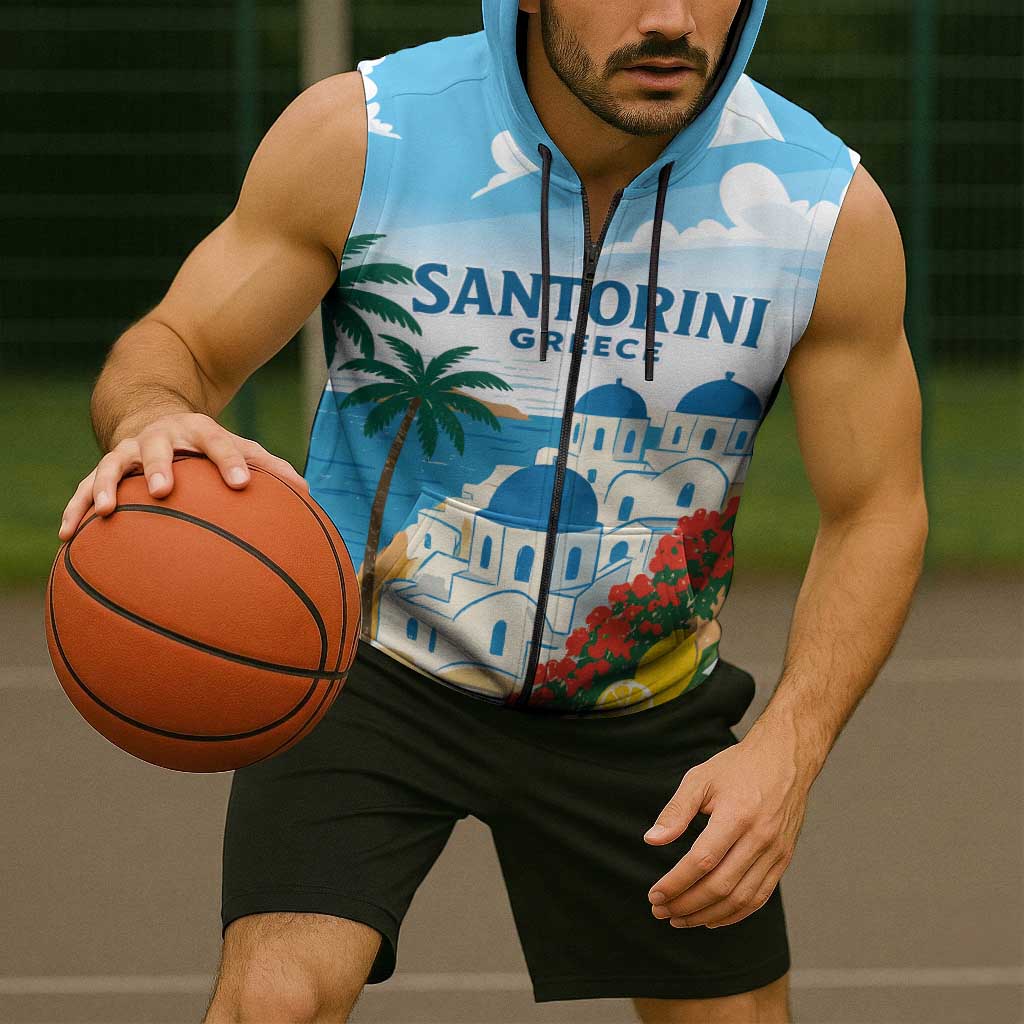 Greece Santorini Personalized Sleeveless Zip Hoodie Greek Island Blue Dome Architecture Art