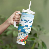 Greece Santorini Personalized Tumbler With Handle Greek Island Blue Dome Architecture Art