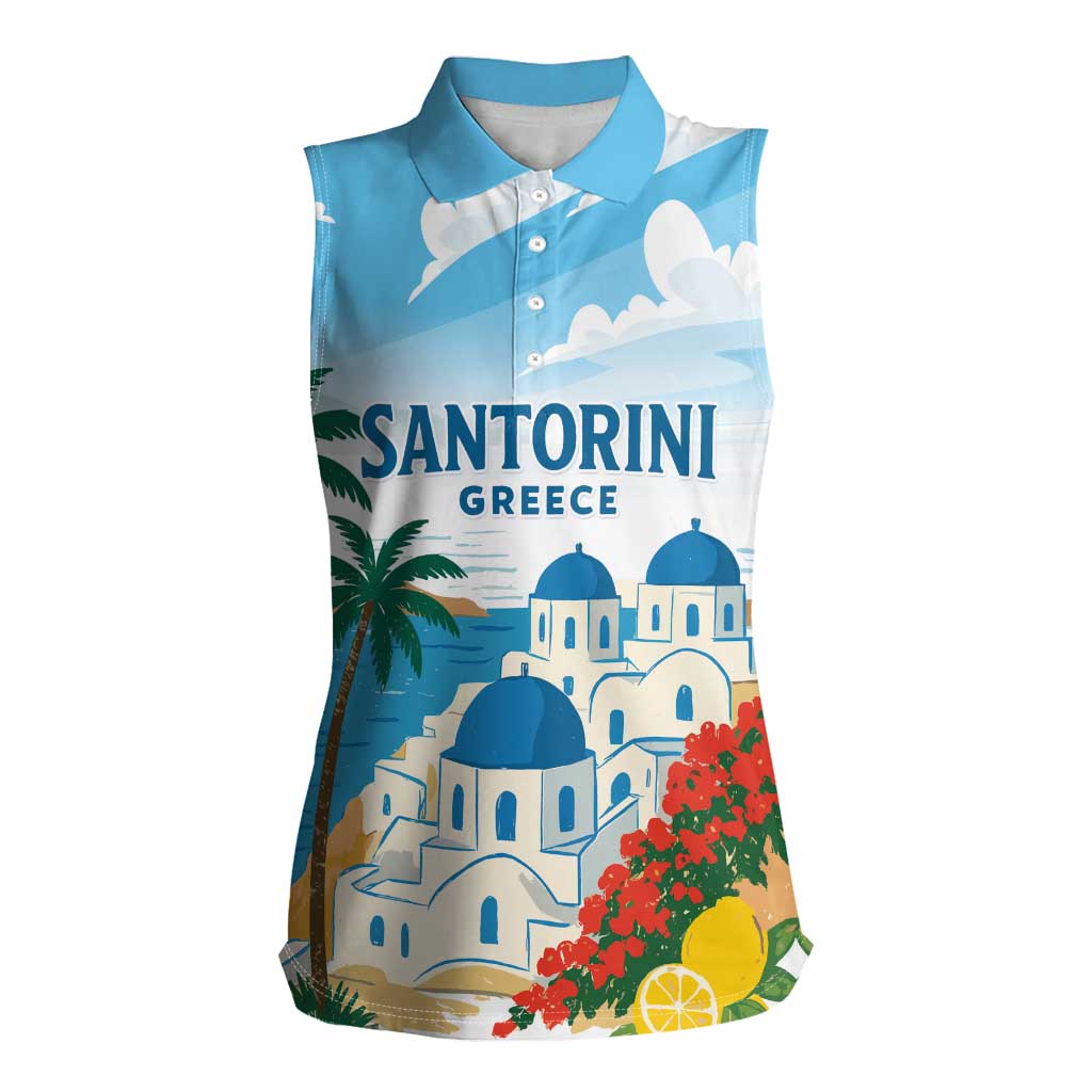 Greece Santorini Personalized Women Sleeveless Polo Shirt Greek Island Blue Dome Architecture Art