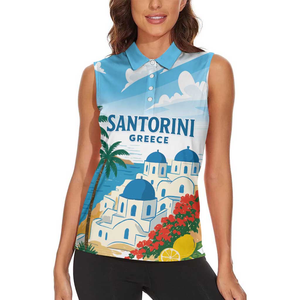 Greece Santorini Personalized Women Sleeveless Polo Shirt Greek Island Blue Dome Architecture Art