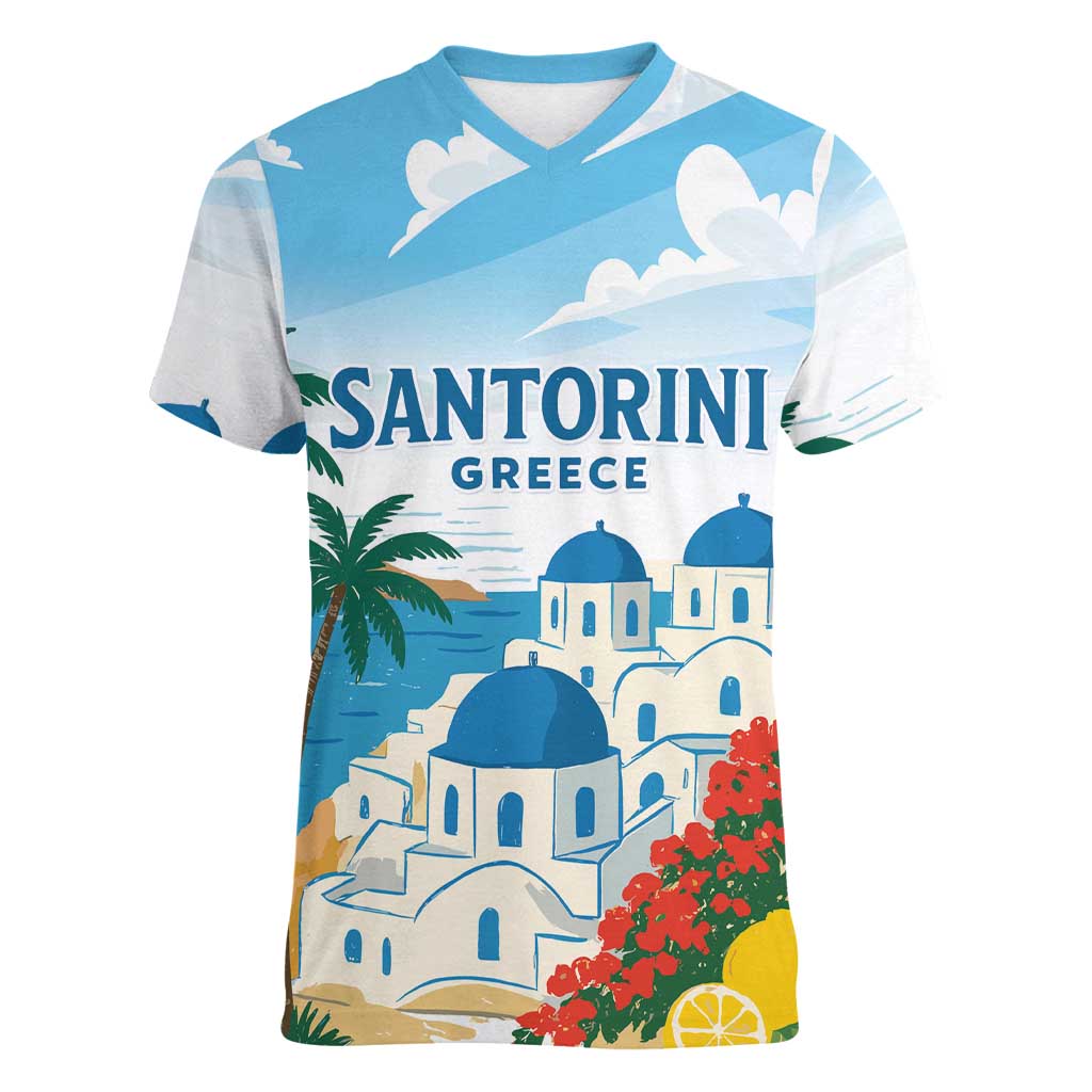 Greece Santorini Personalized Women V-Neck T-Shirt Greek Island Blue Dome Architecture Art