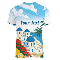 Greece Santorini Personalized Women V-Neck T-Shirt Greek Island Blue Dome Architecture Art