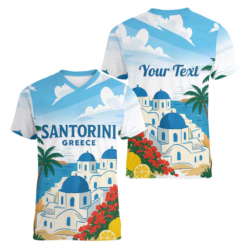 Greece Santorini Personalized Women V-Neck T-Shirt Greek Island Blue Dome Architecture Art