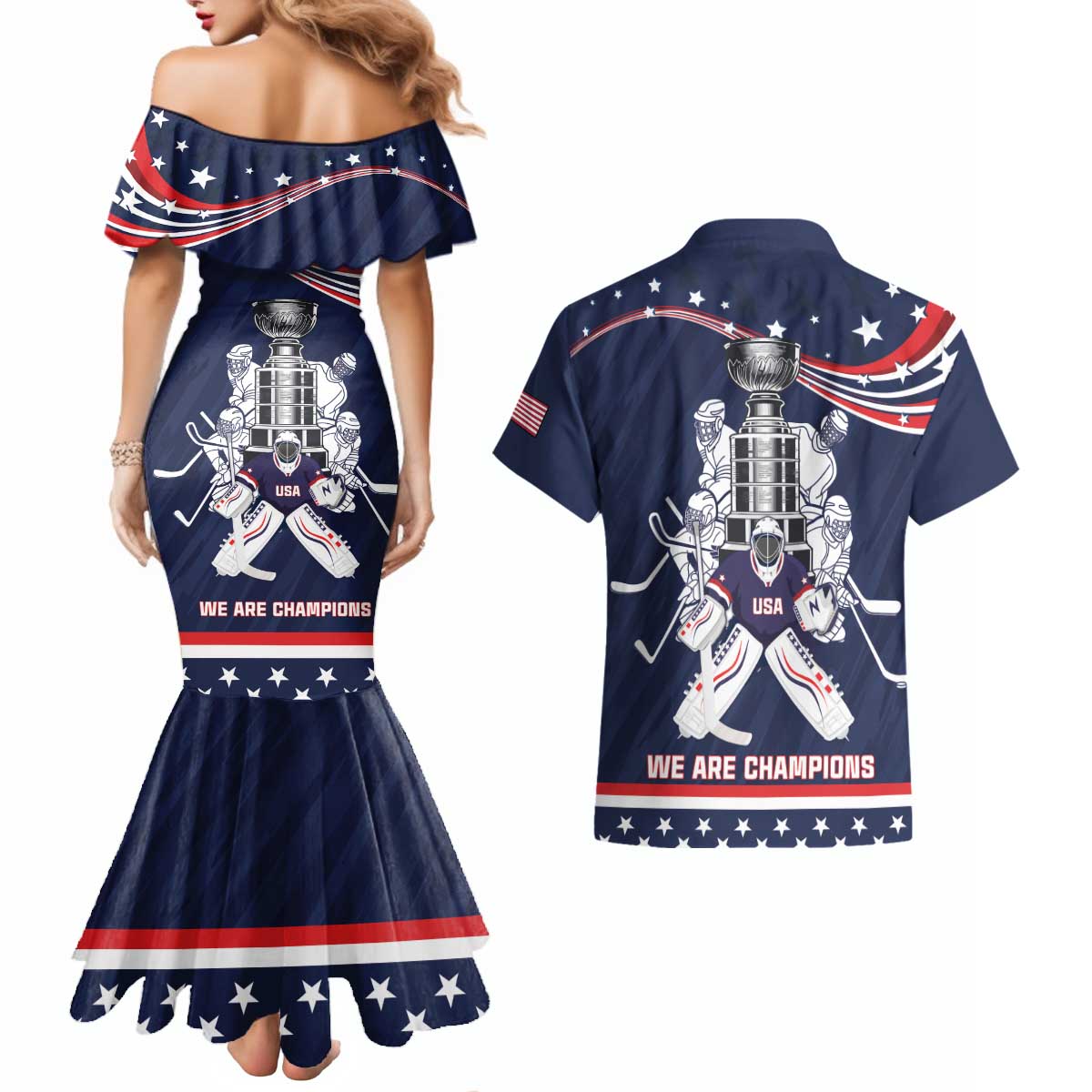 United States Ice Hockey Couples Matching Mermaid Dress and Hawaiian Shirt USA We Are Champions 2025