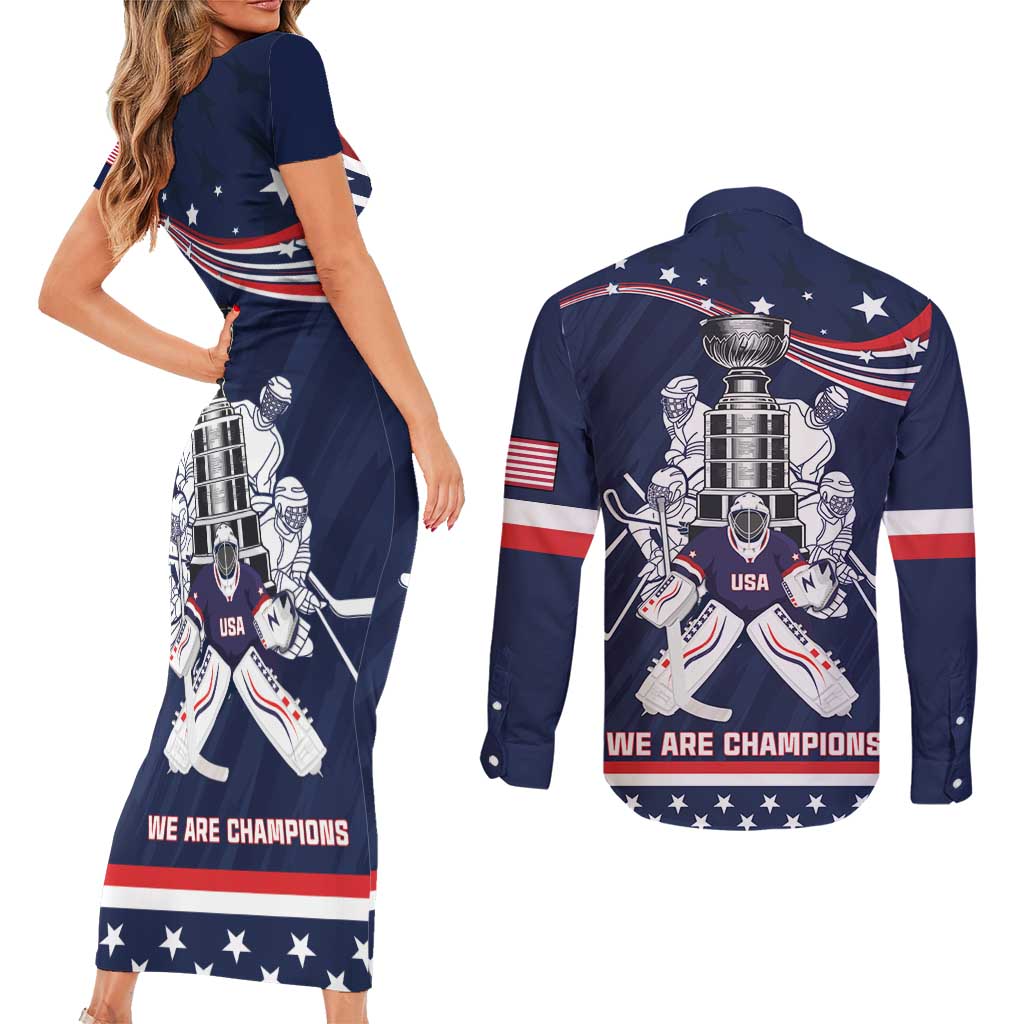 United States Ice Hockey Couples Matching Short Sleeve Bodycon Dress and Long Sleeve Button Shirt USA We Are Champions 2025