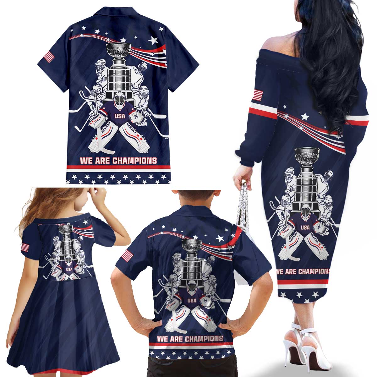 United States Ice Hockey Family Matching Off The Shoulder Long Sleeve Dress and Hawaiian Shirt USA We Are Champions 2025