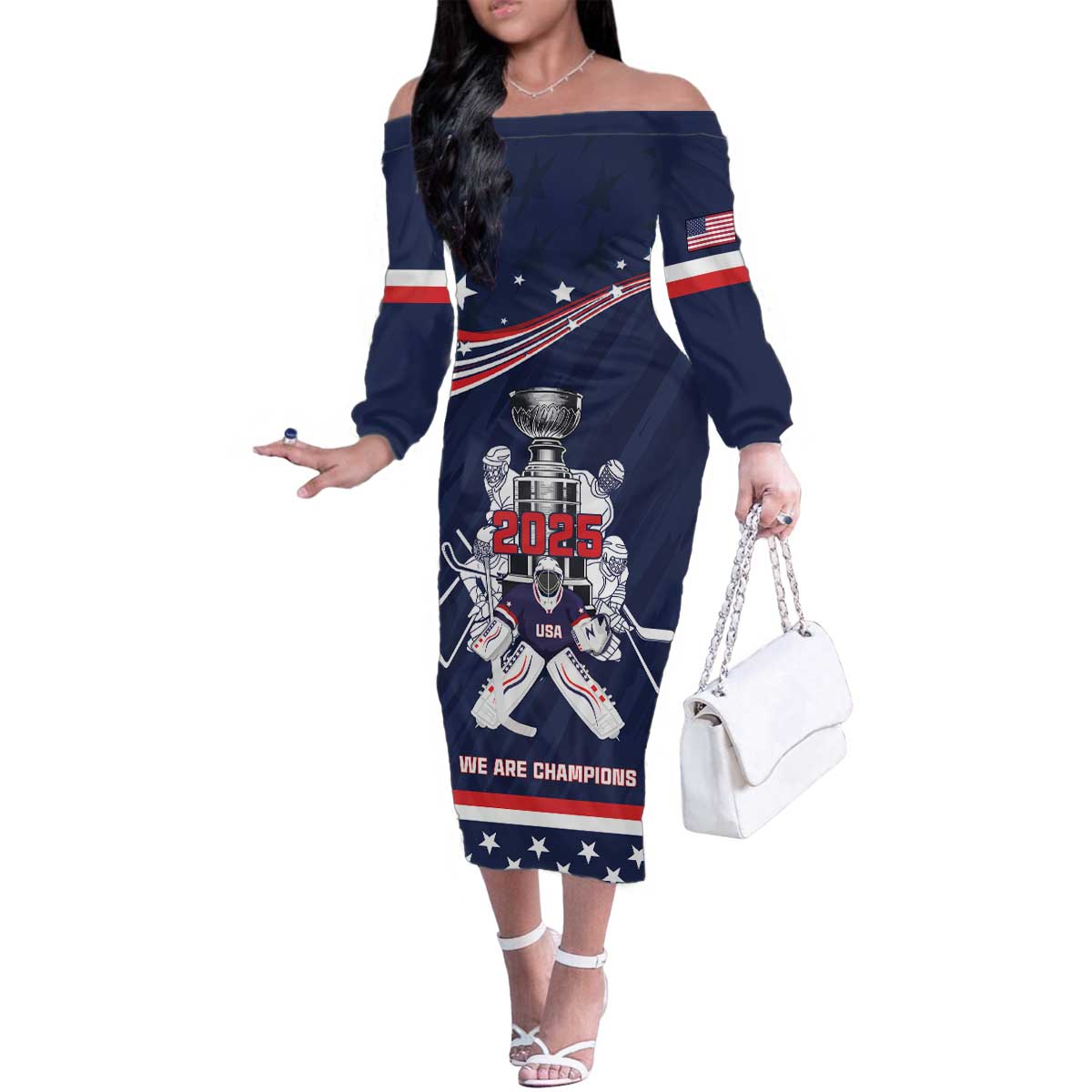 United States Ice Hockey Family Matching Off The Shoulder Long Sleeve Dress and Hawaiian Shirt USA We Are Champions 2025