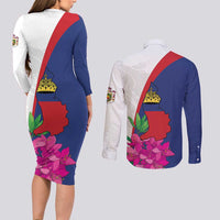 Furstentum Liechtenstein Couples Matching Long Sleeve Bodycon Dress and Long Sleeve Button Shirt Kestrel With Alpine Rose Flower