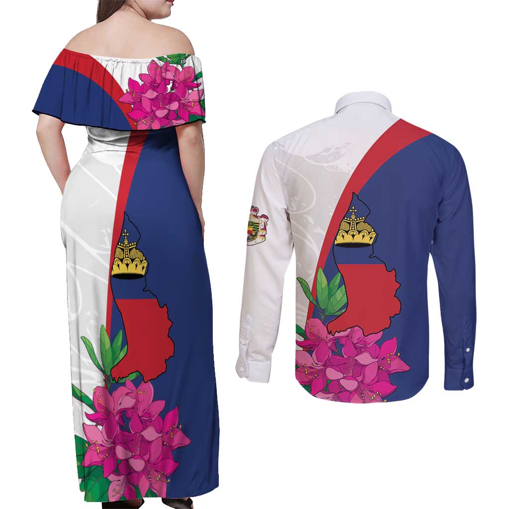 Furstentum Liechtenstein Couples Matching Off Shoulder Maxi Dress and Long Sleeve Button Shirt Kestrel With Alpine Rose Flower