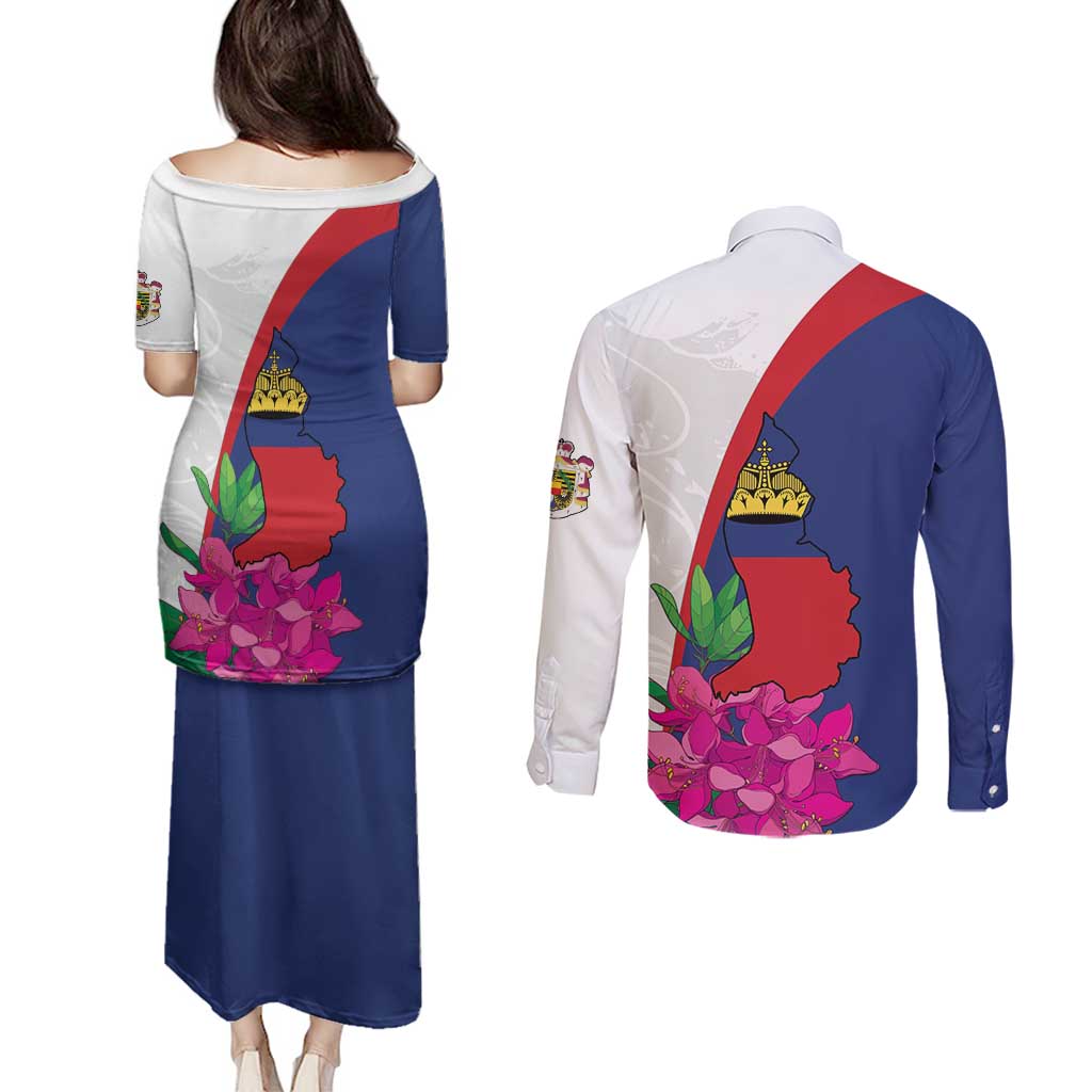 Furstentum Liechtenstein Couples Matching Puletasi and Long Sleeve Button Shirt Kestrel With Alpine Rose Flower