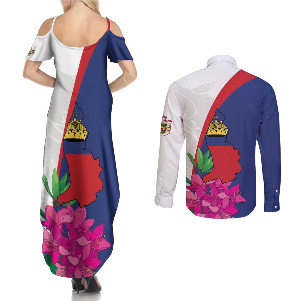 Furstentum Liechtenstein Couples Matching Summer Maxi Dress and Long Sleeve Button Shirt Kestrel With Alpine Rose Flower