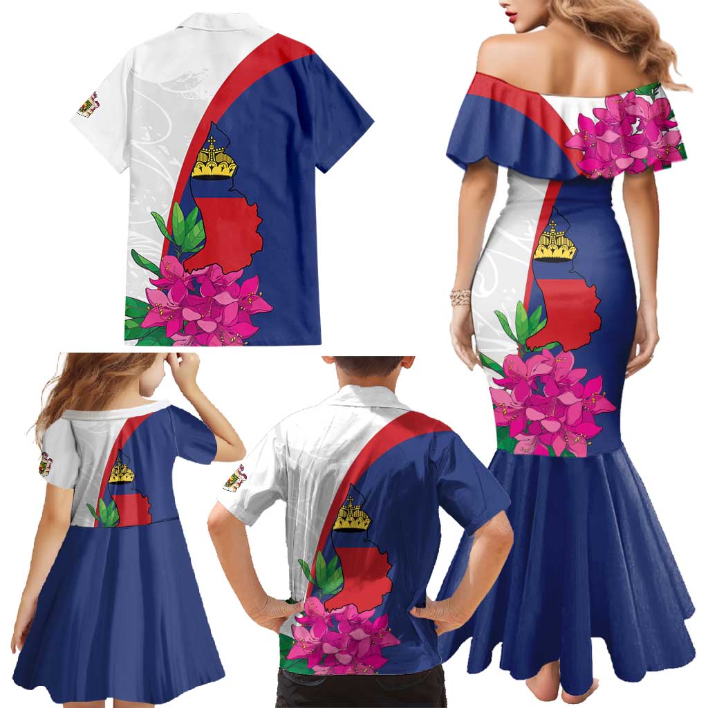 Furstentum Liechtenstein Family Matching Mermaid Dress and Hawaiian Shirt Kestrel With Alpine Rose Flower
