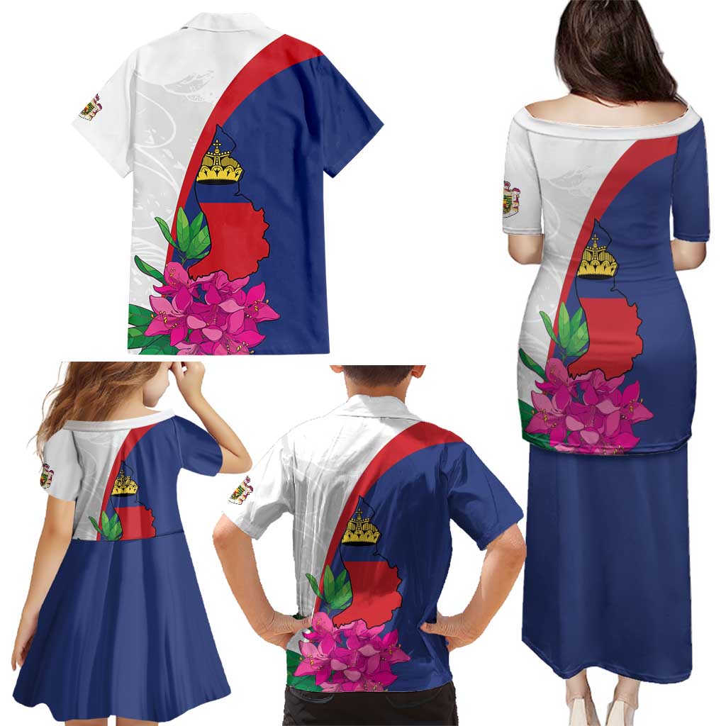 Furstentum Liechtenstein Family Matching Puletasi and Hawaiian Shirt Kestrel With Alpine Rose Flower