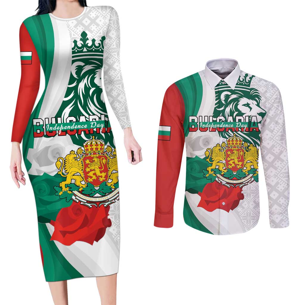 Personalized Bulgaria Independence Day Couples Matching Long Sleeve Bodycon Dress and Long Sleeve Button Shirt Suedinenieto Pravi Silata Folk Pattern