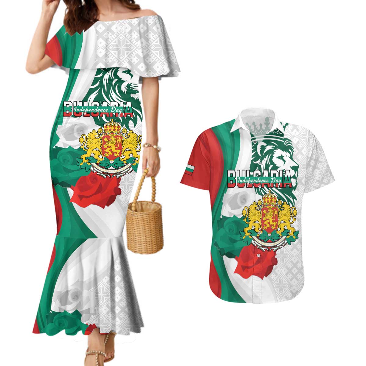 Personalized Bulgaria Independence Day Couples Matching Mermaid Dress and Hawaiian Shirt Suedinenieto Pravi Silata Folk Pattern