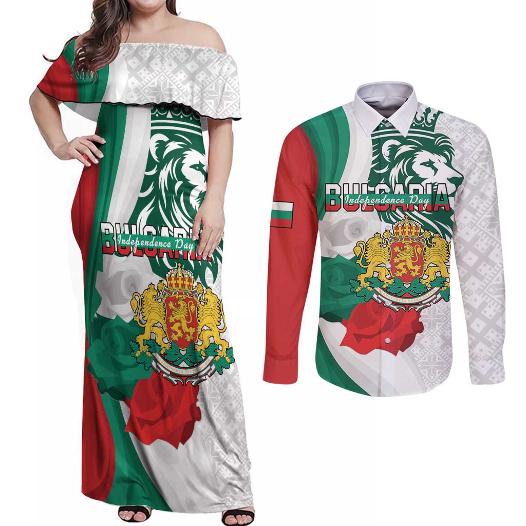 Personalized Bulgaria Independence Day Couples Matching Off Shoulder Maxi Dress and Long Sleeve Button Shirt Suedinenieto Pravi Silata Folk Pattern