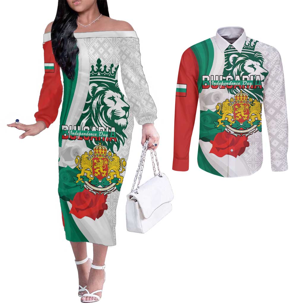 Personalized Bulgaria Independence Day Couples Matching Off The Shoulder Long Sleeve Dress and Long Sleeve Button Shirt Suedinenieto Pravi Silata Folk Pattern