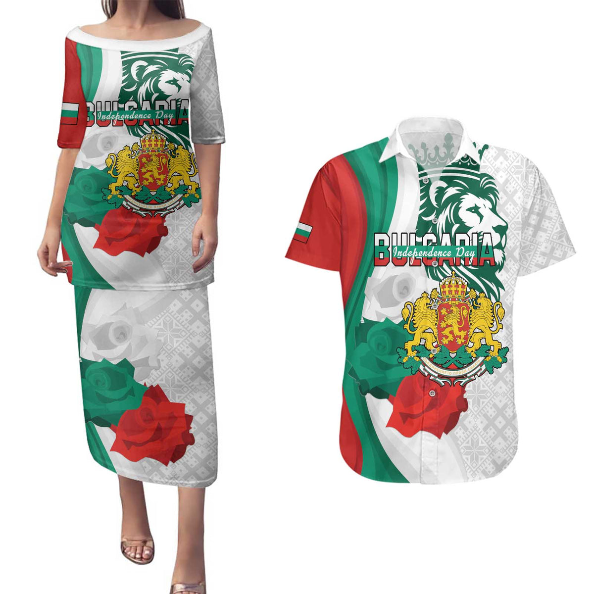 Personalized Bulgaria Independence Day Couples Matching Puletasi and Hawaiian Shirt Suedinenieto Pravi Silata Folk Pattern
