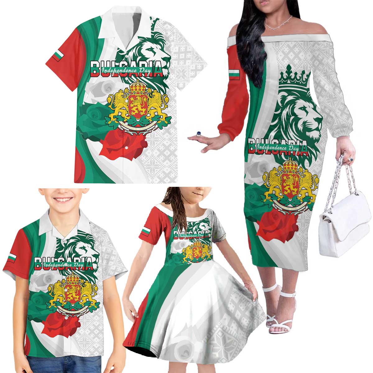 Personalized Bulgaria Independence Day Family Matching Off The Shoulder Long Sleeve Dress and Hawaiian Shirt Suedinenieto Pravi Silata Folk Pattern