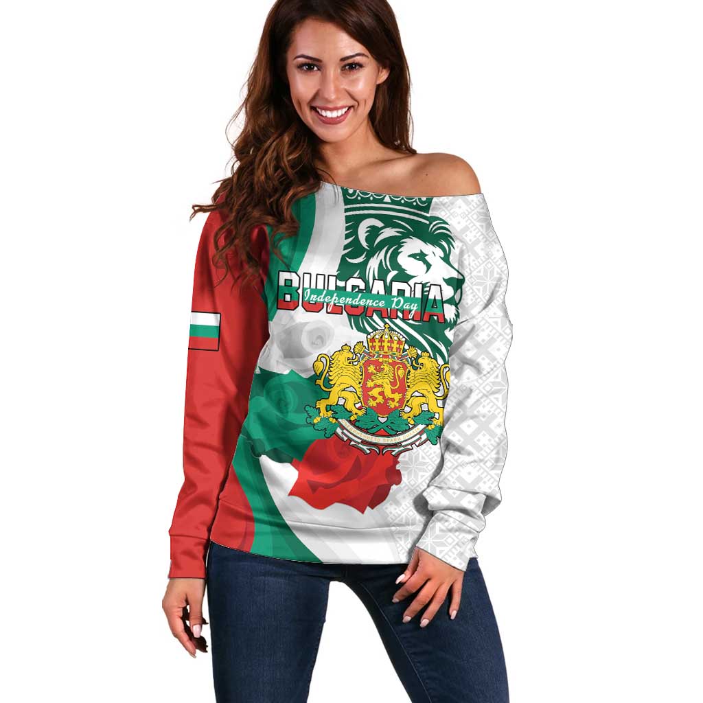Personalized Bulgaria Independence Day Off Shoulder Sweater Suedinenieto Pravi Silata Folk Pattern