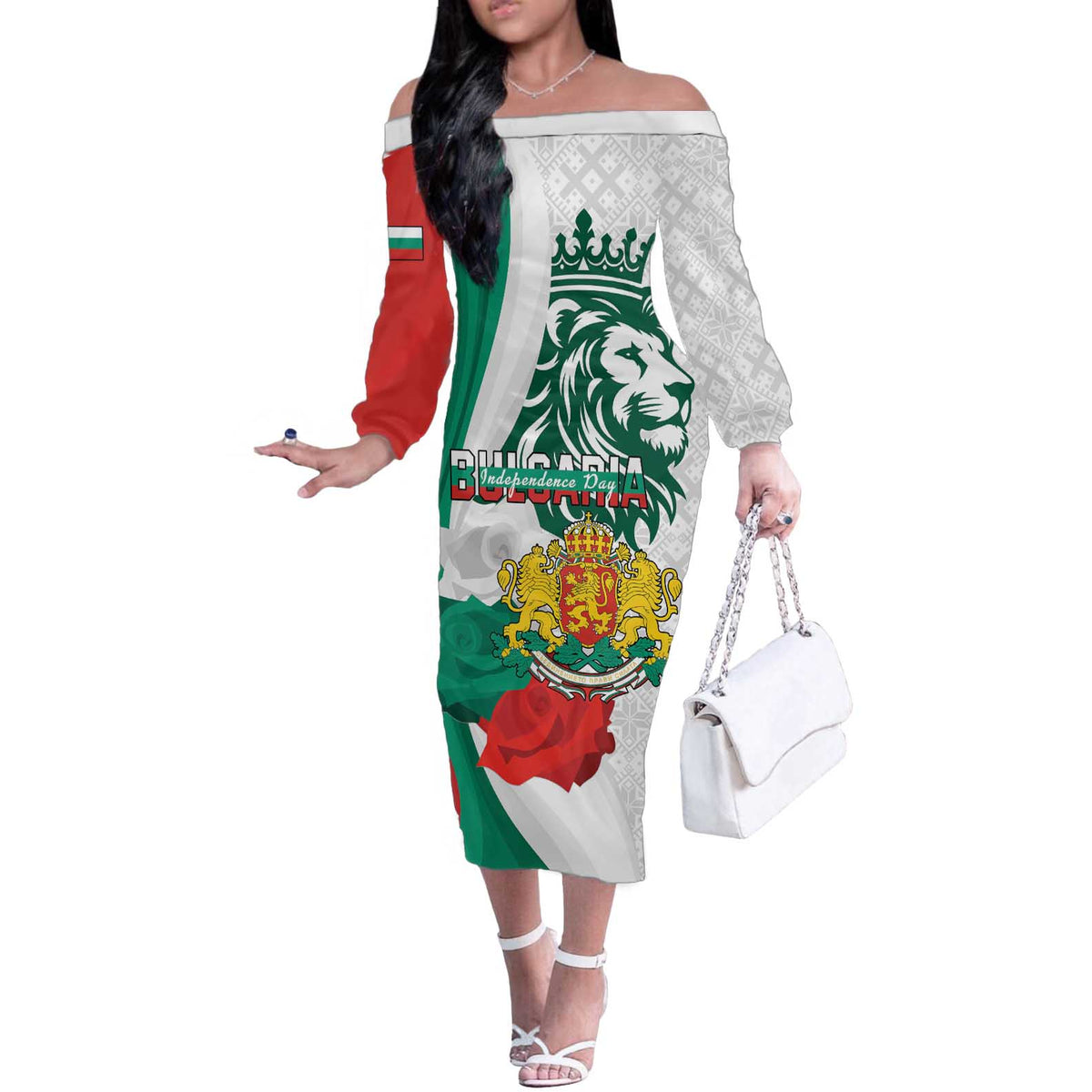 Personalized Bulgaria Independence Day Off The Shoulder Long Sleeve Dress Suedinenieto Pravi Silata Folk Pattern