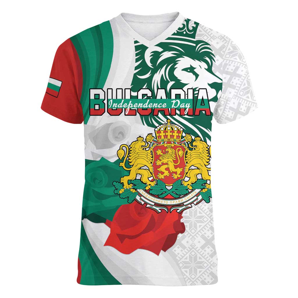 Personalized Bulgaria Independence Day Women V-Neck T-Shirt Suedinenieto Pravi Silata Folk Pattern