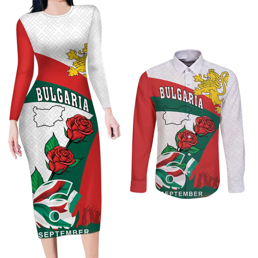 Personalized Bulgaria Unification Day Couples Matching Long Sleeve Bodycon Dress and Long Sleeve Button Shirt Lion Rampant Red Rose