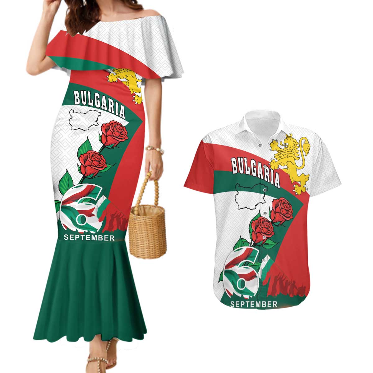 Personalized Bulgaria Unification Day Couples Matching Mermaid Dress and Hawaiian Shirt Lion Rampant Red Rose