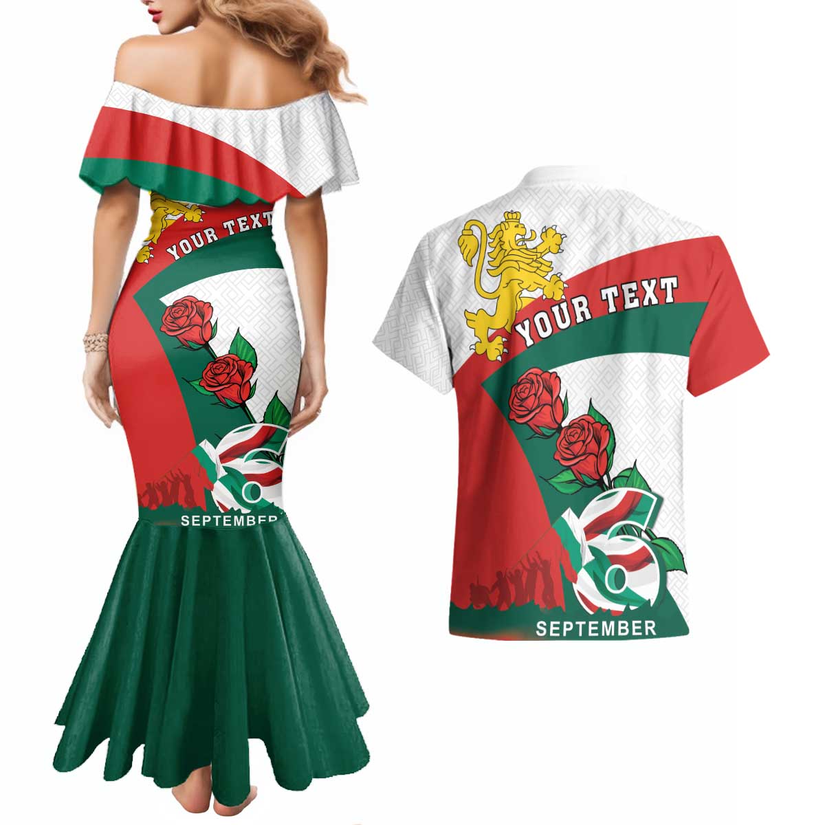 Personalized Bulgaria Unification Day Couples Matching Mermaid Dress and Hawaiian Shirt Lion Rampant Red Rose