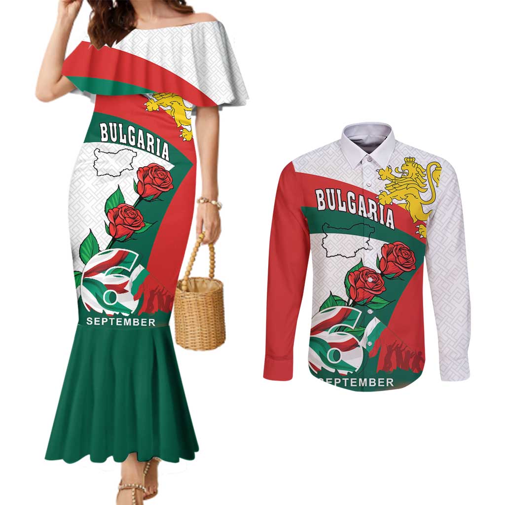 Personalized Bulgaria Unification Day Couples Matching Mermaid Dress and Long Sleeve Button Shirt Lion Rampant Red Rose