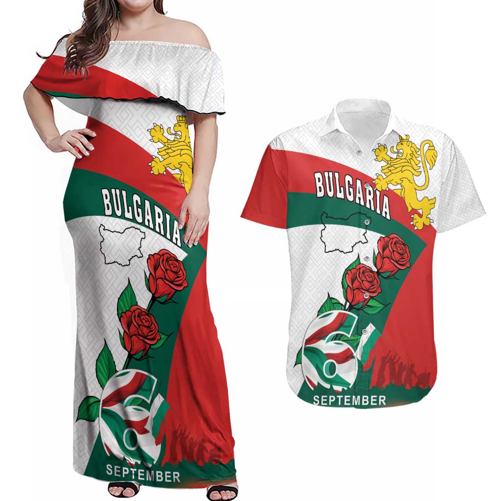 Personalized Bulgaria Unification Day Couples Matching Off Shoulder Maxi Dress and Hawaiian Shirt Lion Rampant Red Rose