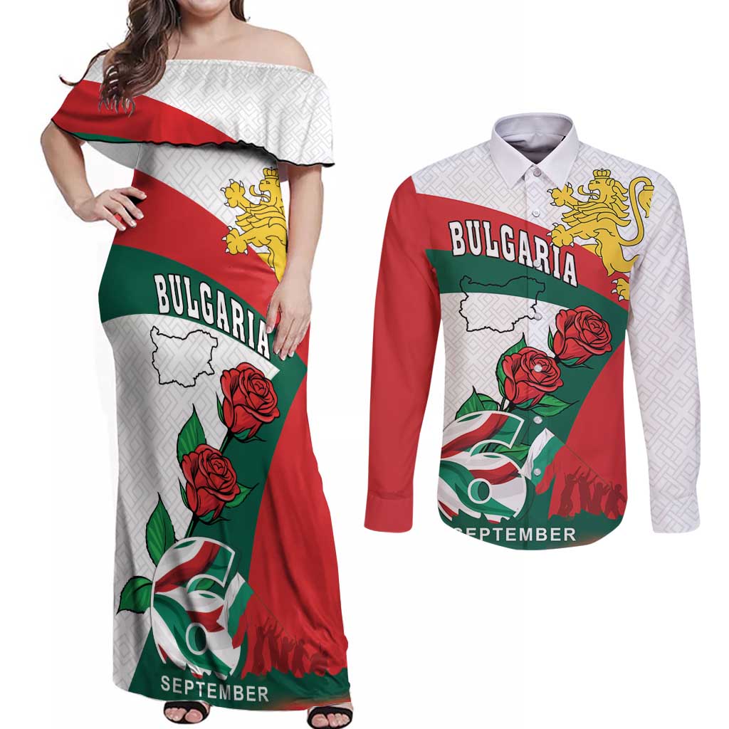Personalized Bulgaria Unification Day Couples Matching Off Shoulder Maxi Dress and Long Sleeve Button Shirt Lion Rampant Red Rose