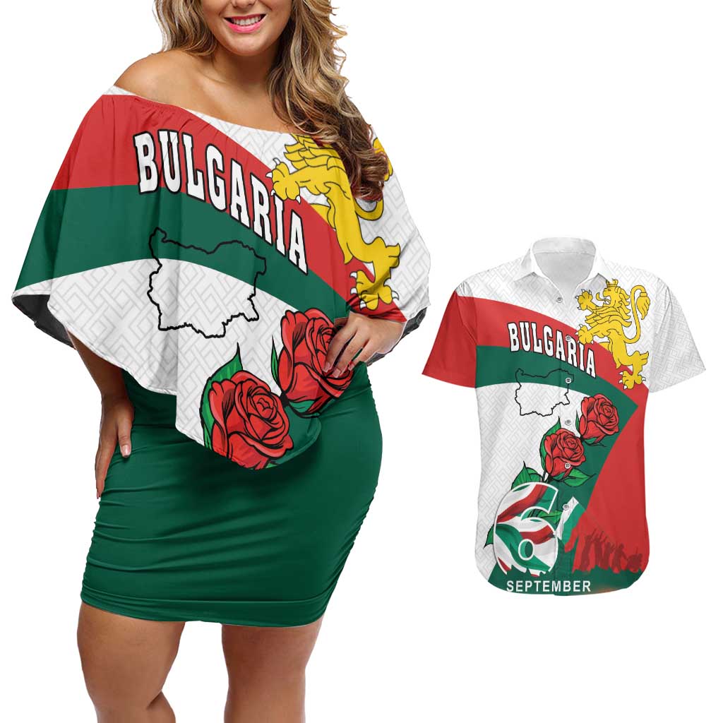 Personalized Bulgaria Unification Day Couples Matching Off Shoulder Short Dress and Hawaiian Shirt Lion Rampant Red Rose