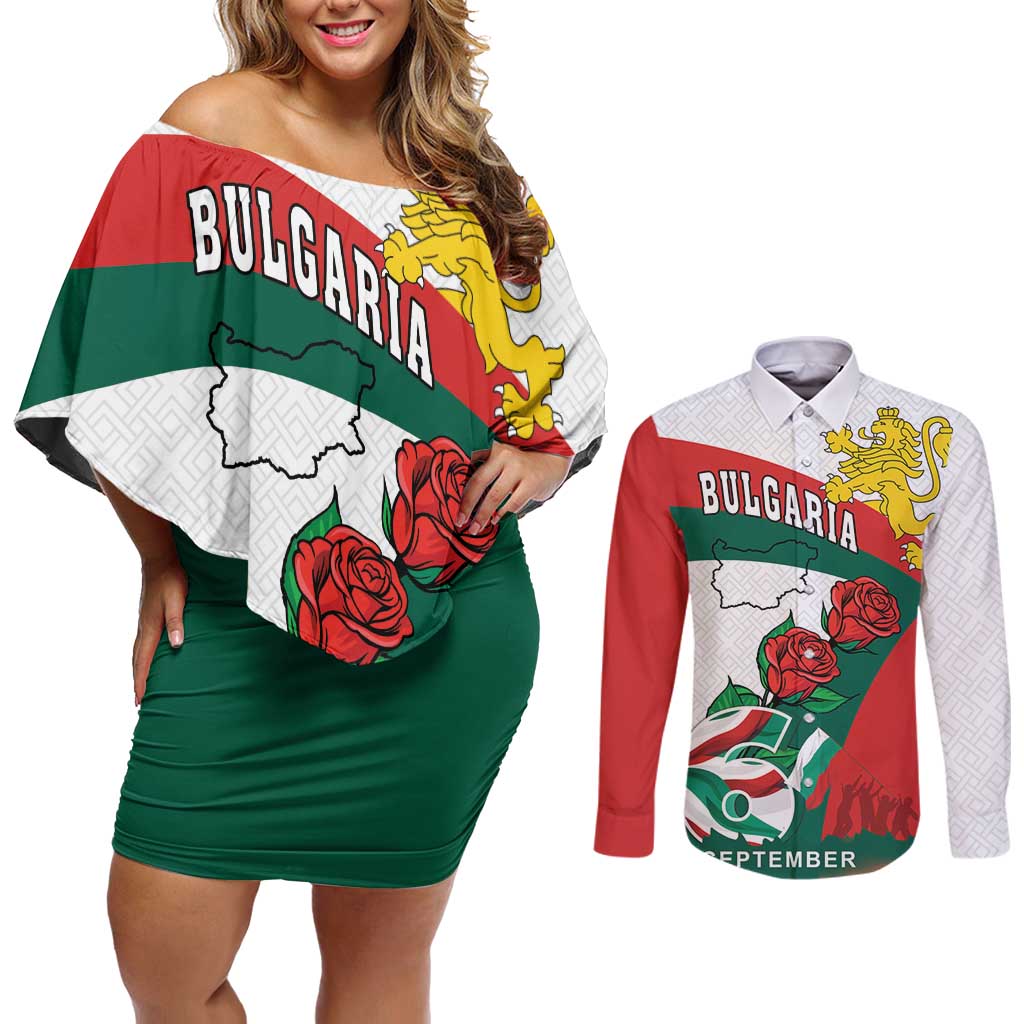 Personalized Bulgaria Unification Day Couples Matching Off Shoulder Short Dress and Long Sleeve Button Shirt Lion Rampant Red Rose