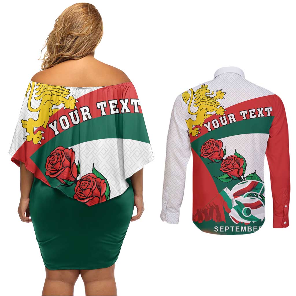 Personalized Bulgaria Unification Day Couples Matching Off Shoulder Short Dress and Long Sleeve Button Shirt Lion Rampant Red Rose