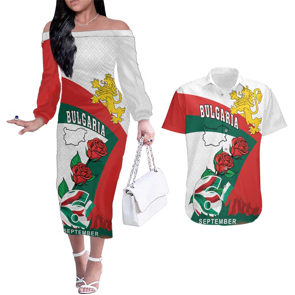 Personalized Bulgaria Unification Day Couples Matching Off The Shoulder Long Sleeve Dress and Hawaiian Shirt Lion Rampant Red Rose