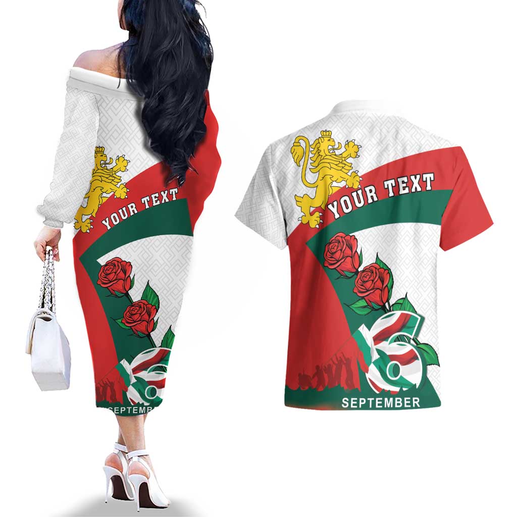 Personalized Bulgaria Unification Day Couples Matching Off The Shoulder Long Sleeve Dress and Hawaiian Shirt Lion Rampant Red Rose