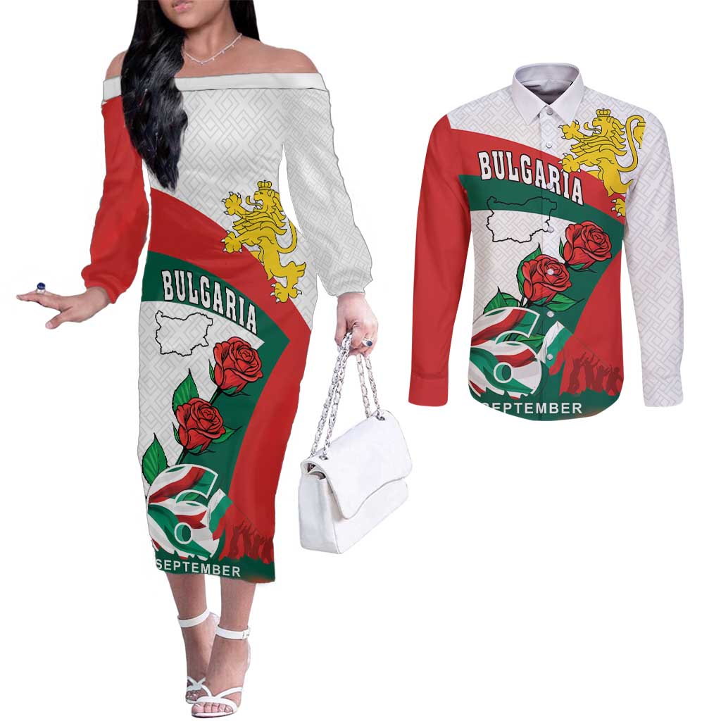 Personalized Bulgaria Unification Day Couples Matching Off The Shoulder Long Sleeve Dress and Long Sleeve Button Shirt Lion Rampant Red Rose